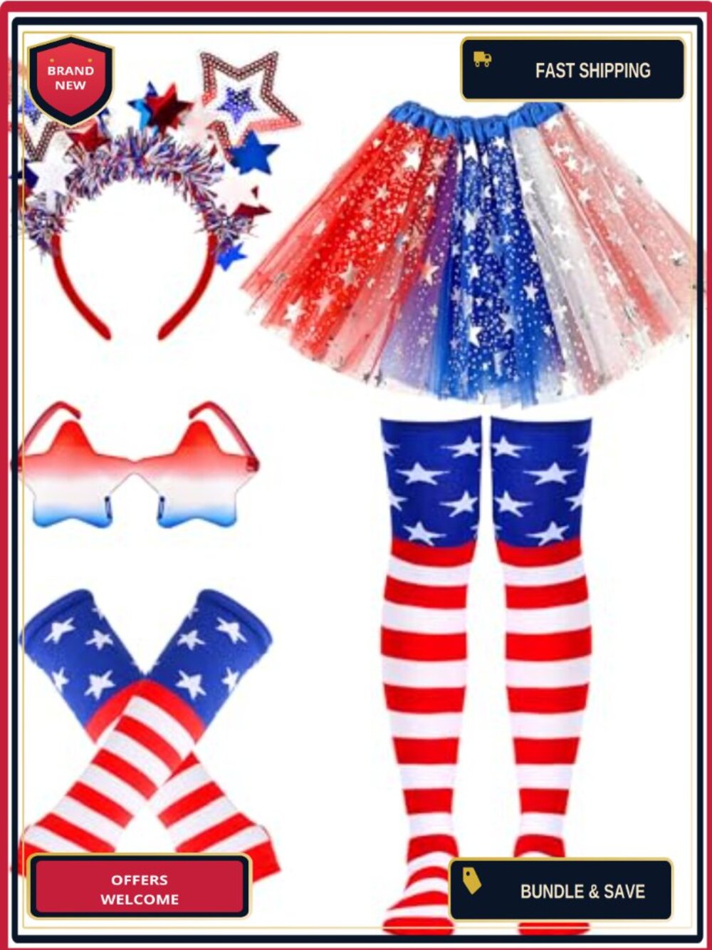 Girls 5 Pc Patriotic Tutu Costume Set Layered Tulle Skirt